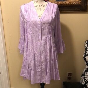 Embroidered floral & dots Button-Down babydoll tiered front ruffle hem dress